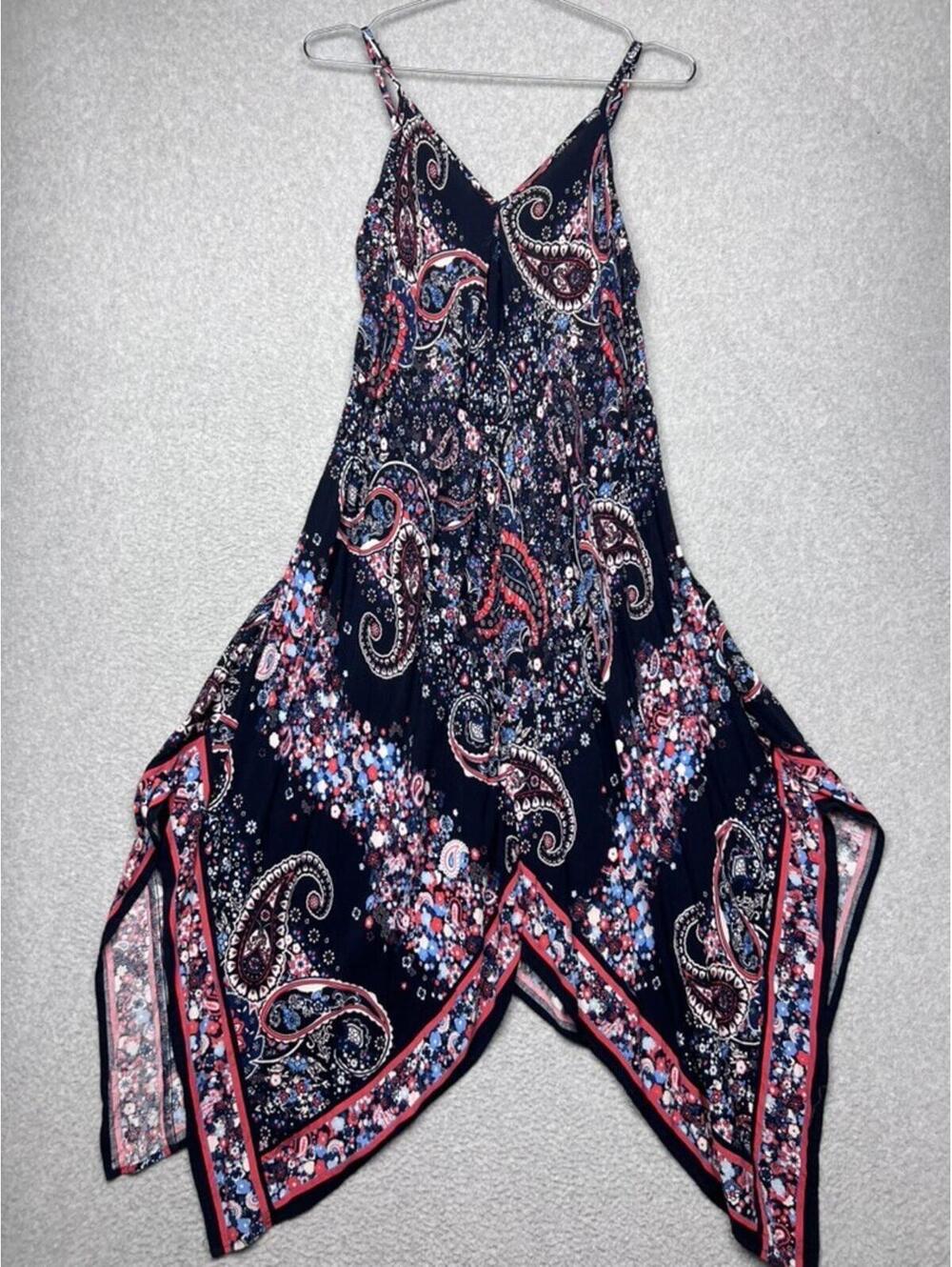ECI New York Womens M Navy Paisley Floral Handkerchief Hem Boho Midi Dress